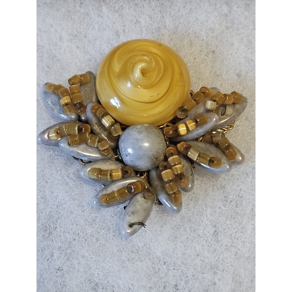 Vintage Miriam Haskell Signed Brooch Yellow Swirl Beaded Art Glass Rare